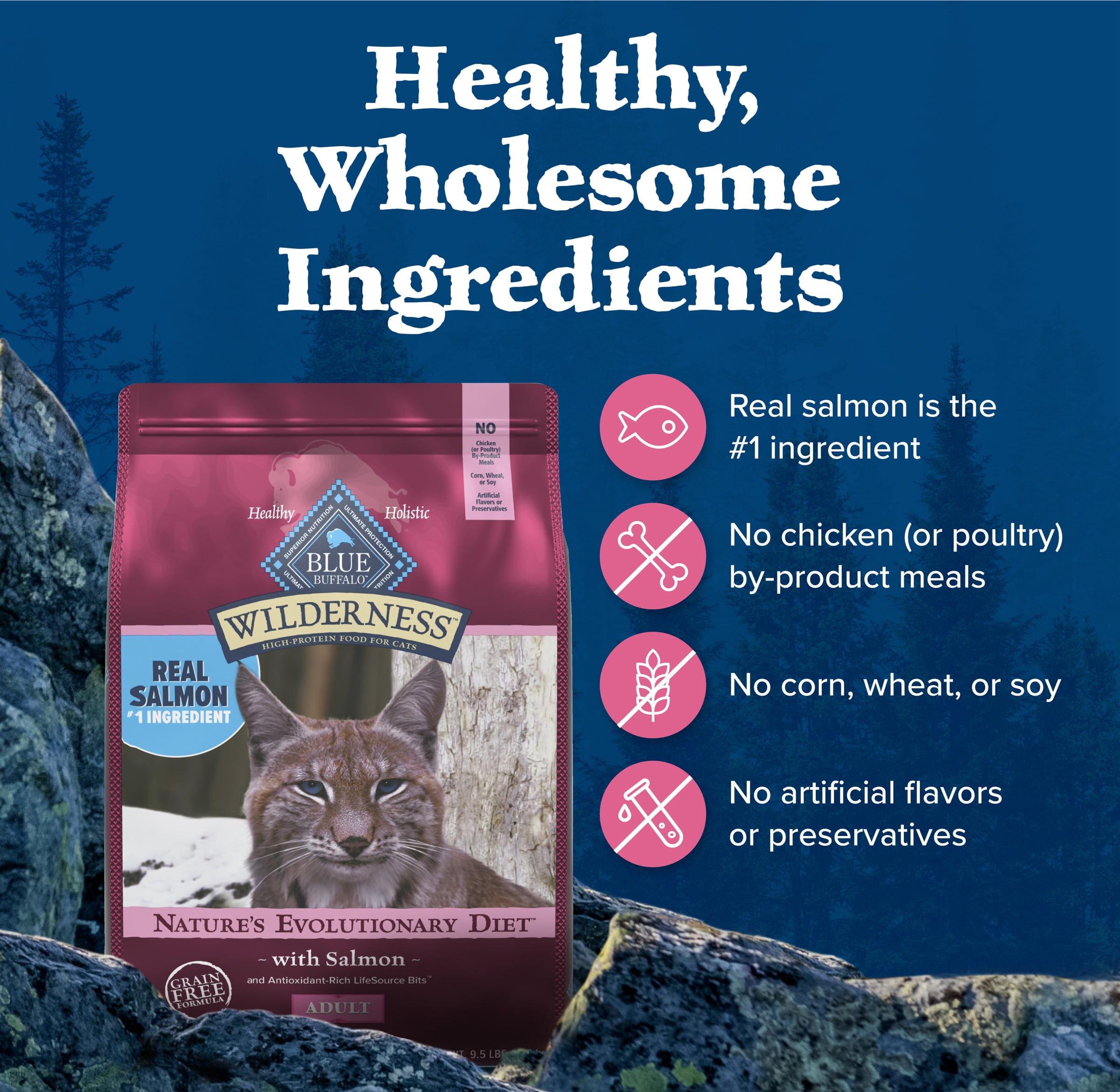 Blue Buffalo Wilderness Natural High Protein Dry Food for Adult Cats, Salmon, 4-lb Bag