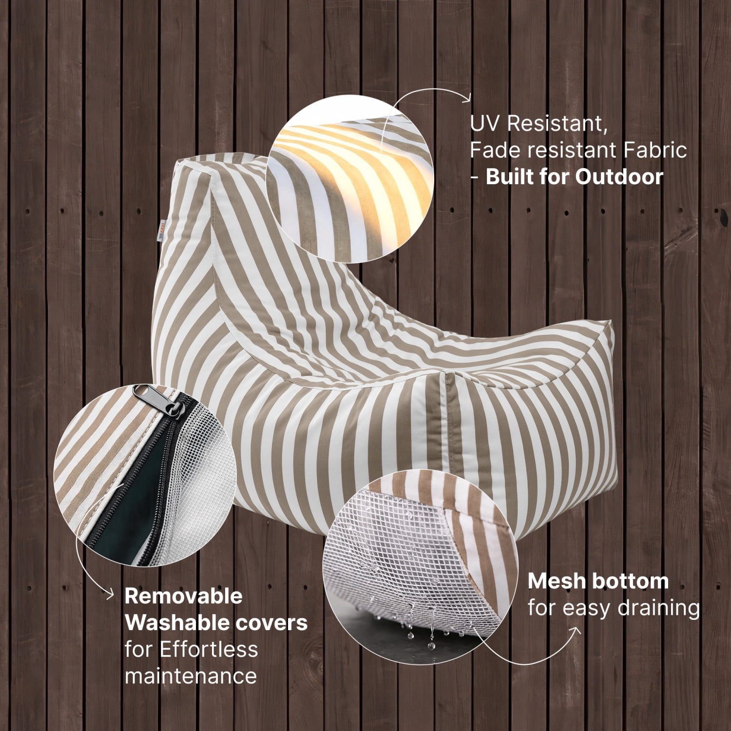 Jaxx Juniper Outdoor Bean Bag Patio Chair & Poolside Lounge, Taupe Striped
