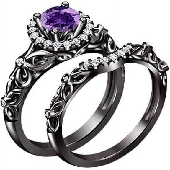 Gems Jewels 925 Sterling Silver 2.50 Ct Round Cut Purple Amethyst Wedding Engagement Thanksgiving Christmas Bridal Ring Set 14K Black Gold Plated For Women's -7.5
