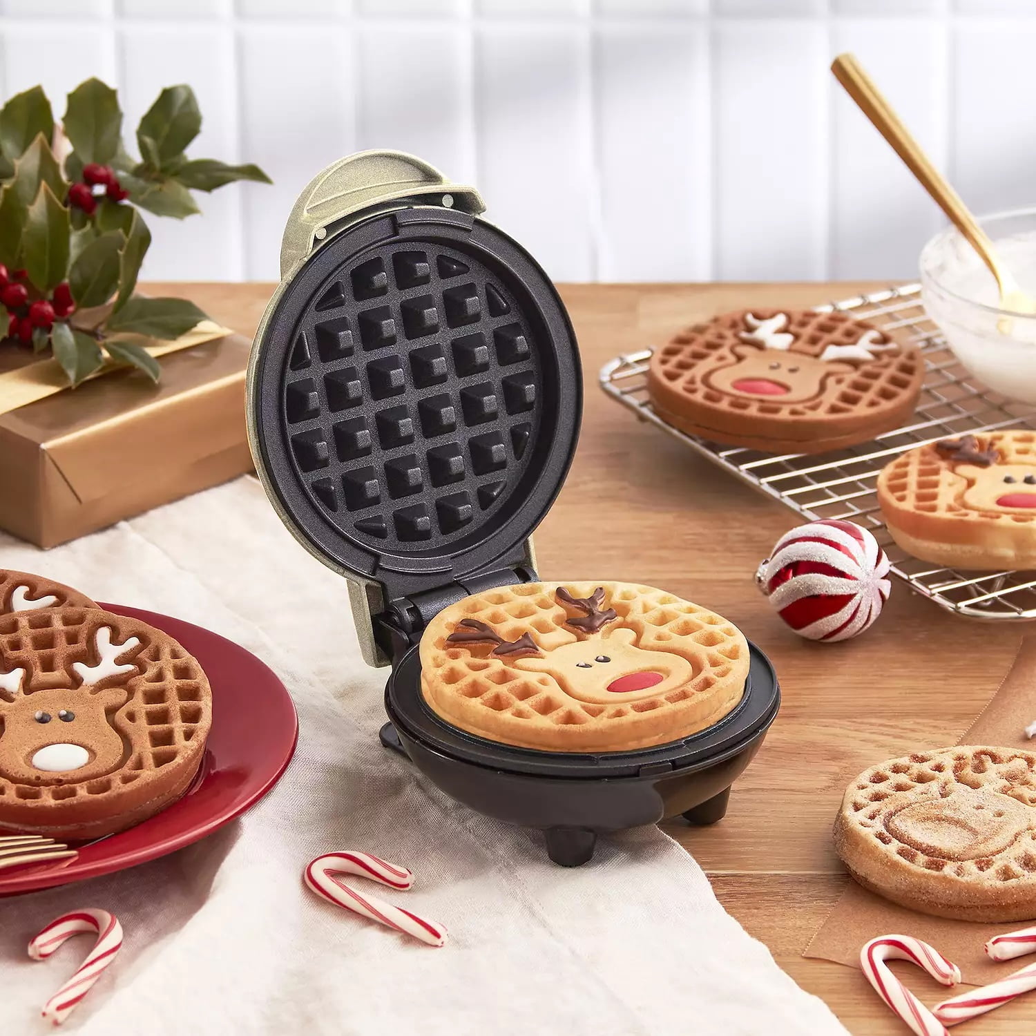 Dash Reindeer Mini Waffle Maker  Festive Holiday Waffles for Breakfast, 4-inch Non-Stick Waffle Iron