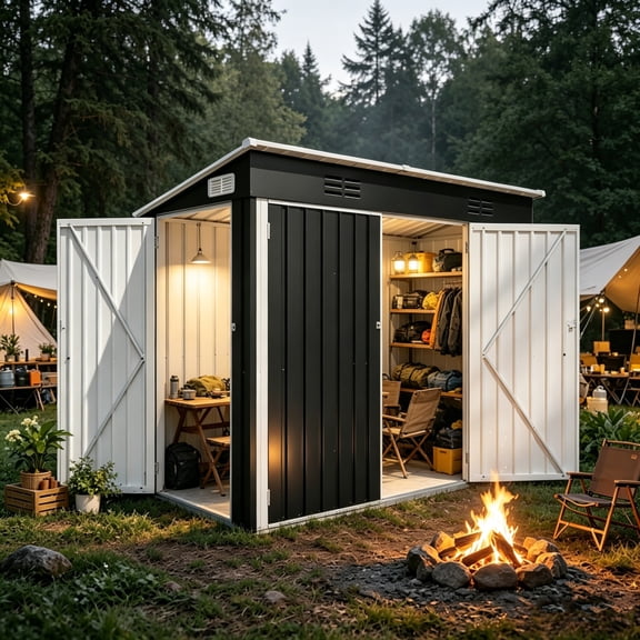 4 x 8 ft Galvanized Steel Outdoor Storage Shed with 3 Access Doors,Ventilated Weatherproof Metal Utility Tool Shed for Garden,Backyard Patio,Black