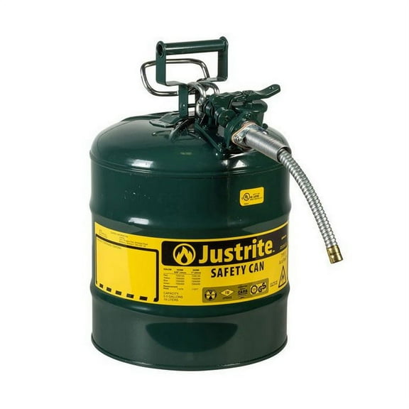 Justrite® Type II AccuFlow Steel Safety Can 5 Gal. 5/8" Metal Hose Green 7250420