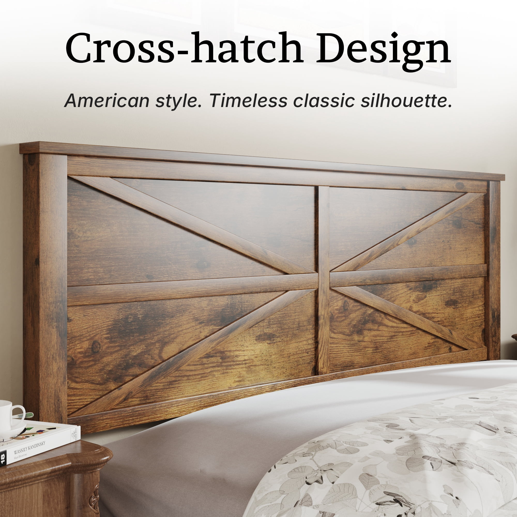 BSHTI King Bed Frame with Wooden Headboard, Country and Farmhouse Style, Brown