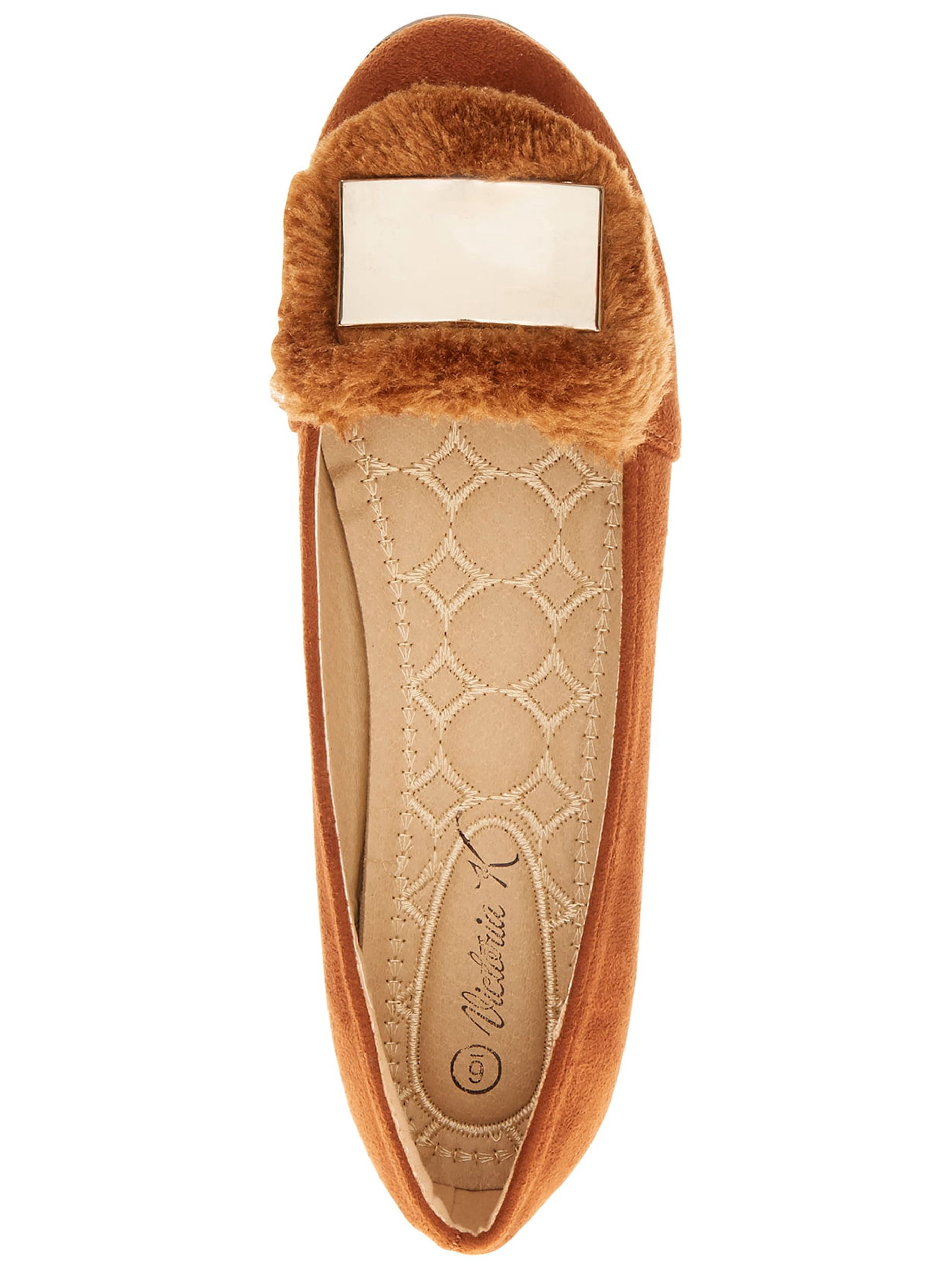 Victoria K Women's Soft Textured Material With Faux Fur Ornament And Solid Silver Placket Ballerina Flats