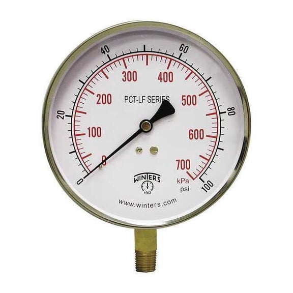 Pressure Gauge, 0 to 100 psi, 4 1/2 in Dial, 1/4 in NPT Bottom Location