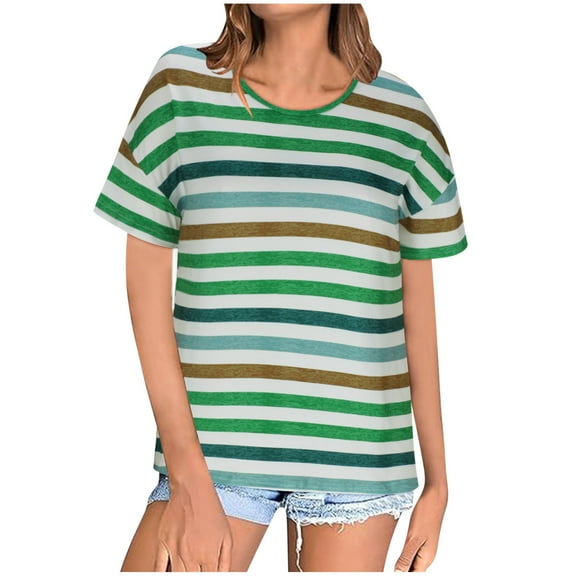 yillto Women Oversized T Shirt Summer Casual Short Sleeve Crewneck Striped Color Block Loose Tee Tops