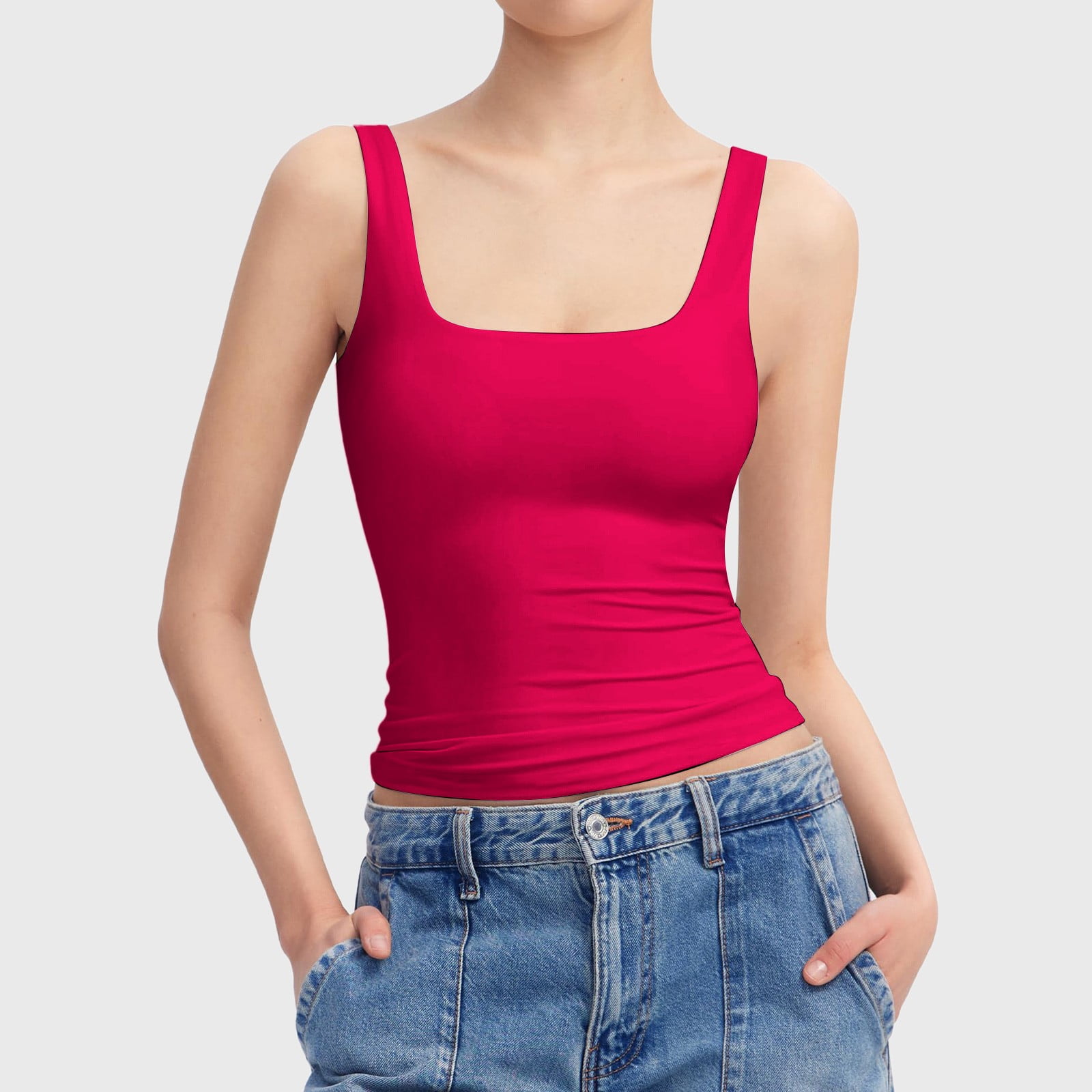 Povozer Women's Square Neck Tank Top Sleeveless Double Lined