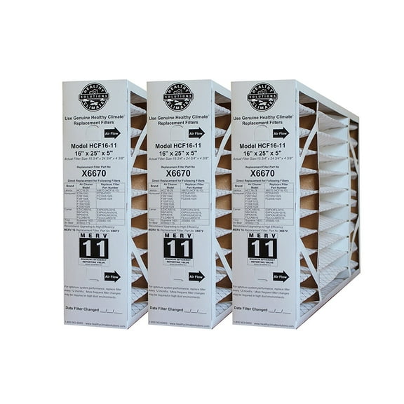 Lennox X6670 (3-Pack) - 16" x 25" x 5" Healthy Climate HCF16-11 Replacement Filter, MERV 11