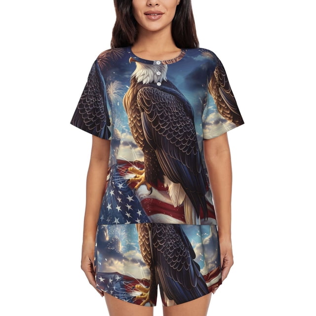Xecao Night Sky Bald Eagle Pattern Women's Short Sleeve Pajama Set Soft Sleepwear Lounge Set with Button Front Top and Drawstring Shorts with Pockets-Medium
