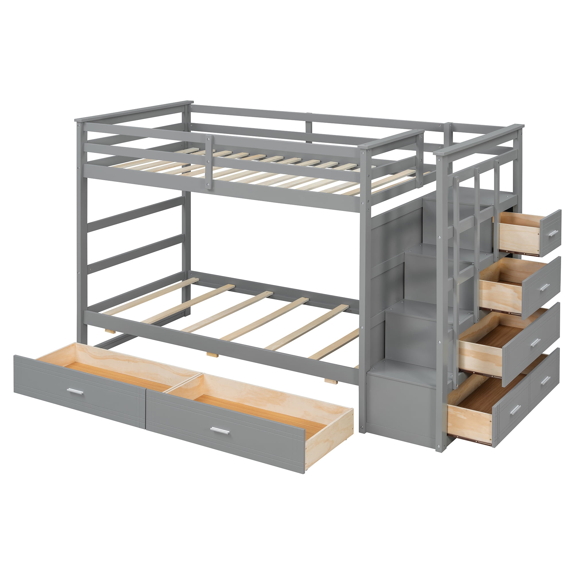 Aukfa Twin over Twin Bunk Bed with 7 Storage Drawers, Wood Bunk Bed with Staircase, Space Saving Design for Kids Bedroom, Gray
