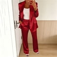 thumbnail image 2 of Floleo Women Shiny Satin Lapel Long Sleeve Blazer Elastic High Waist Straight Pocket Pants 2 Piece Elegant Business Party Matching Suit Set, 2 of 5
