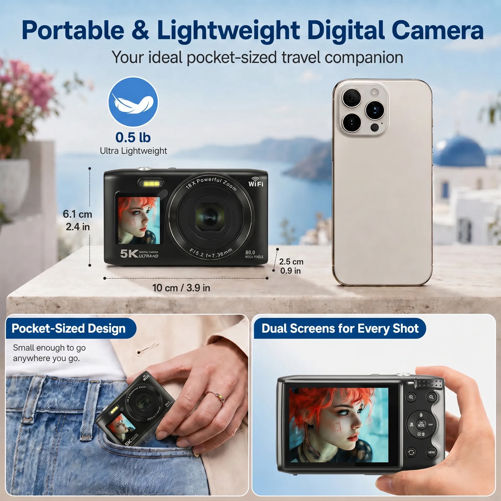 Ourlife 5K Digital Camera 80MP, Dual Screen WiFi Vlogging Device with 18X Zoom, Flash, 64GB Card, Point-and-Shoot for Teens Adults, Black