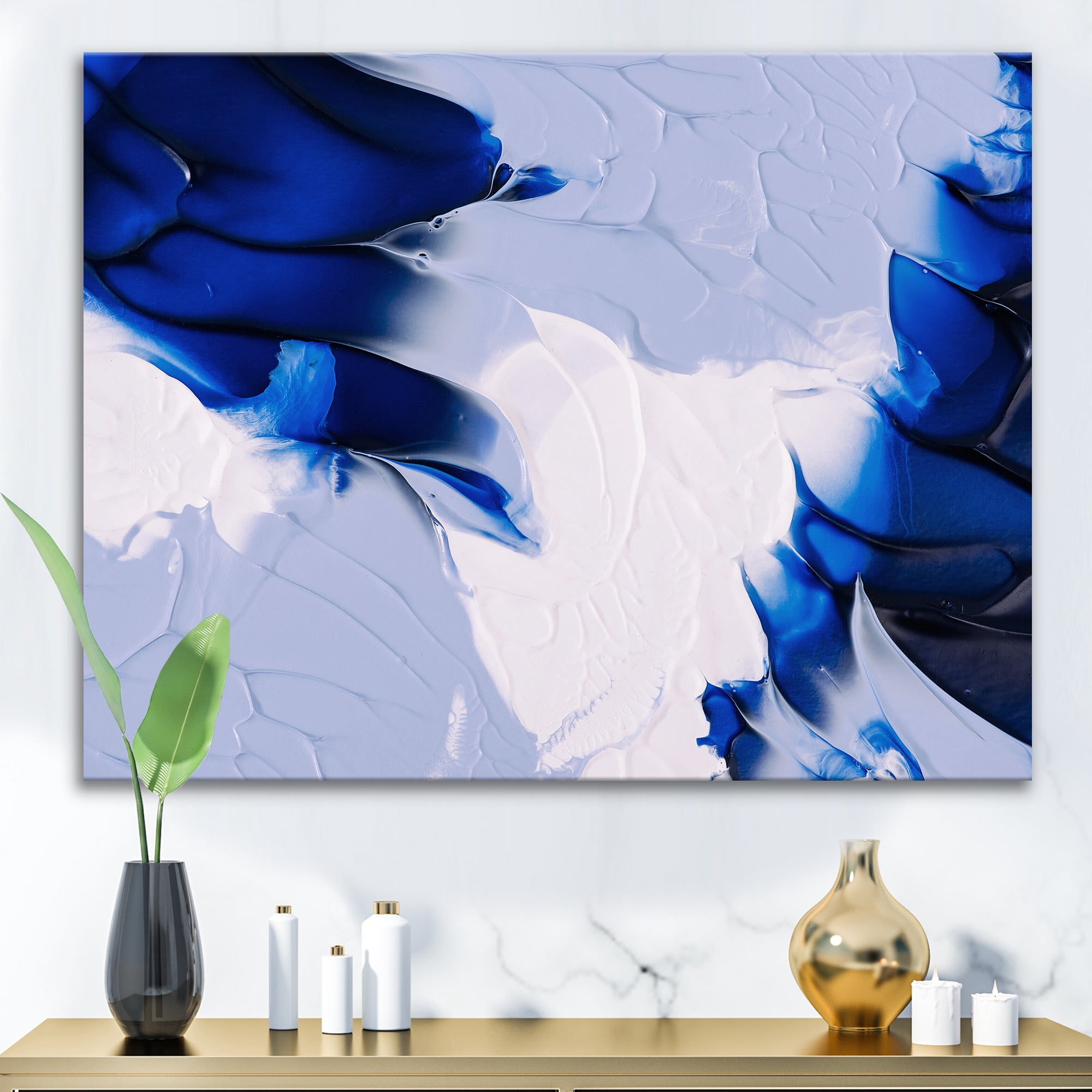 Designart ' Abstract White and Blue Grey Waves ' Modern Canvas Wall Art Print