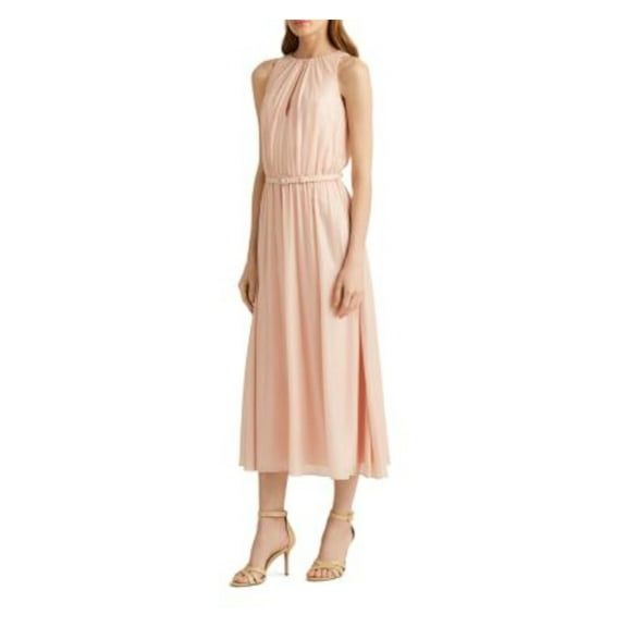 LAUREN RALPH LAUREN Womens Pink Pleated Zippered Sheer Belted Lined Sleeveless Keyhole Midi Party Sheath Dress 8