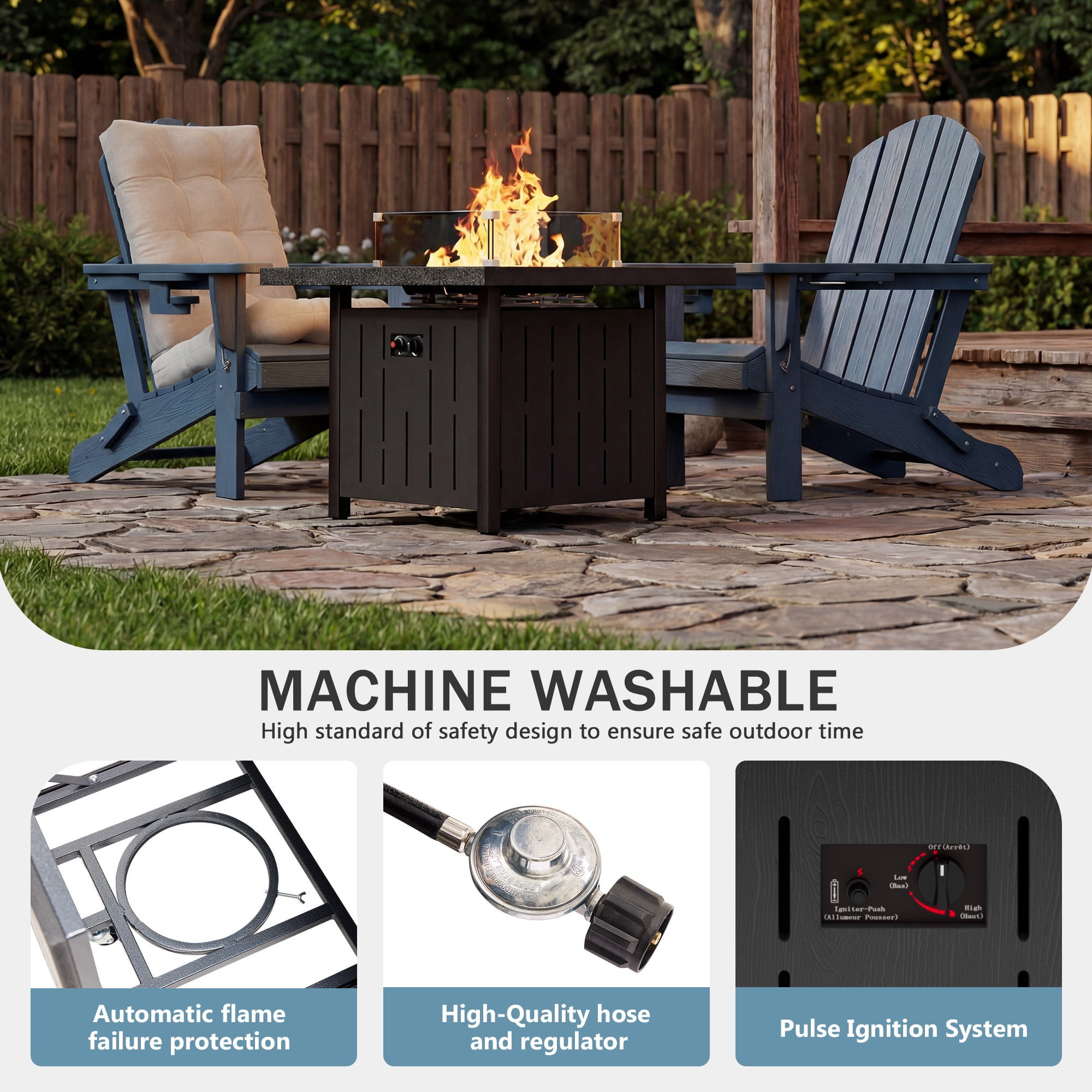 SERWALL Propane Fire Pit Table, 33 Inch Square Outdoor Fire Table with Lid, 50,000 BTU Gas Fire Pit Table with Glass Wind Guard, HDPE Fireplace for Patio, Black