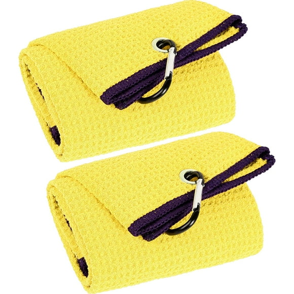 Vividly Paquete De 2 Toallas De Golf Triples De Tela De Microfibra Premium Con Patrón De Gofre Negro Con Mosquetón Resistente, Toallas De Golf Amarillas Para Bolsas De Golf Para Hombres (Amarillo)