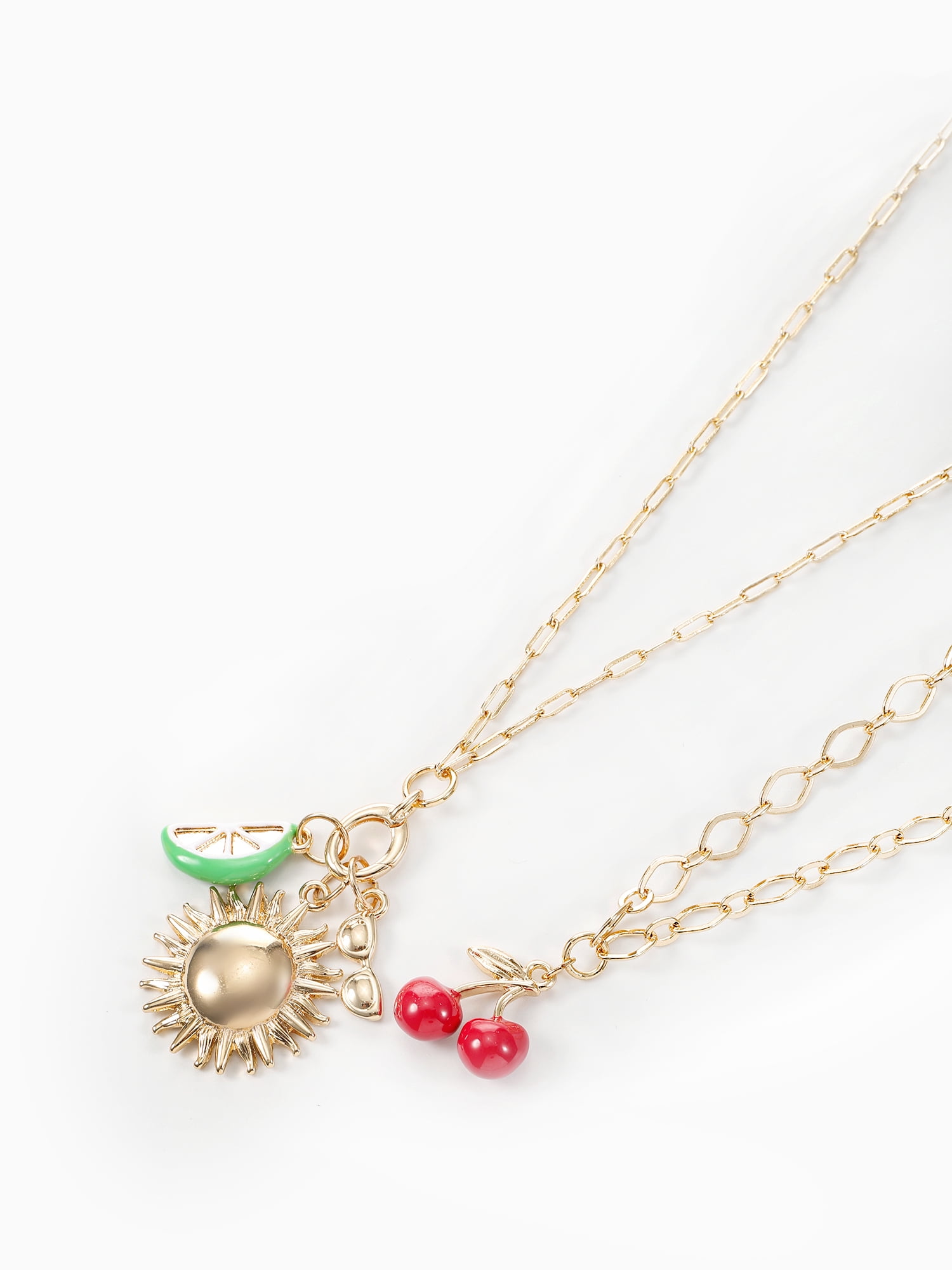 Time and Tru Cherry Charm Layered Necklace Set Goldtone
