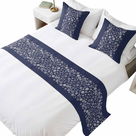 Bed Runner for Queen Size Bed, Japanese Decorative Beds Runners and 2 Matching Pillow Covers Set, Navy Blue Country Flowers Leaves Aesthetic Beds Scarf Throw for Foot of Bedding Set for Hotel/Bedroom