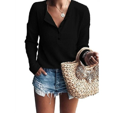Womens Henley Shirts V Neck Long Sleeve Button Down Tops Warm Waffle ...