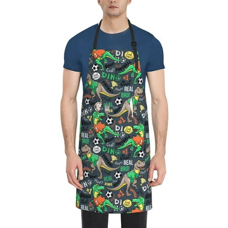 

Xecao Dinosaur Plays Soccer Print Kitchen Cooking Aprons Waterproof Adjustable Bib Aprons with 2 Pockets for Women Men Chef