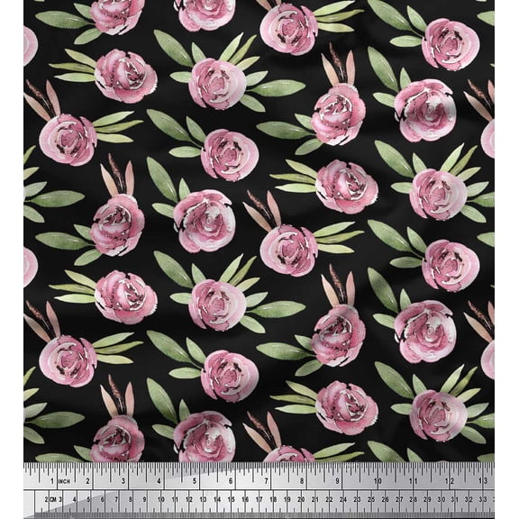 Soimoi Black Cotton Duck Fabric Leaves & Rose Floral Print Fabric by Yard 42 Inch Wide