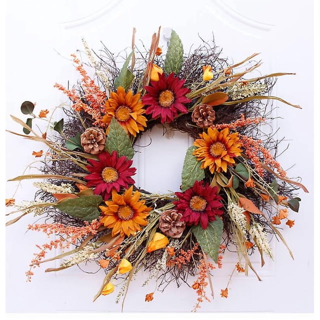 Halloween Fall Wreath Simulated Sunflower Pumpkin Berries Door Hanging Harvest Festival Rattan Circle