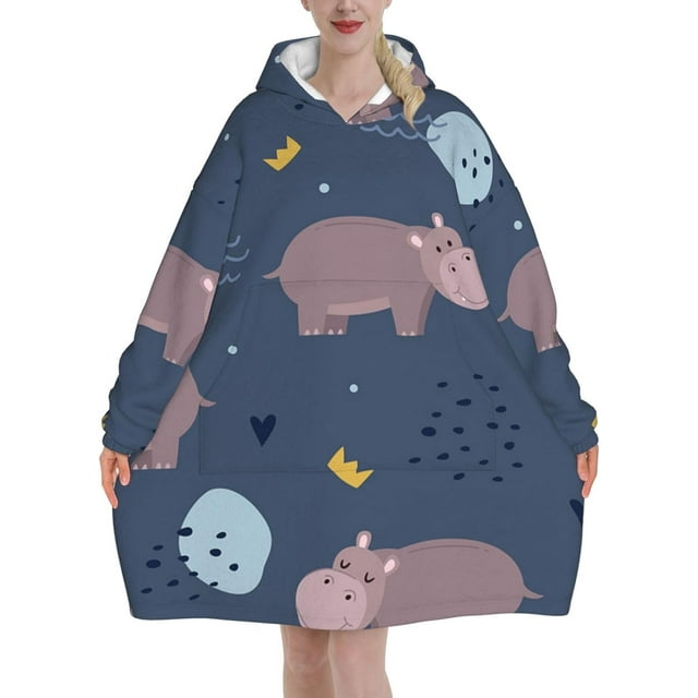 Hippo Animal,Women's Oversized Wearable Blanket Hoodie, Blanket Sweatshirt,Flannel Pullover Blanket