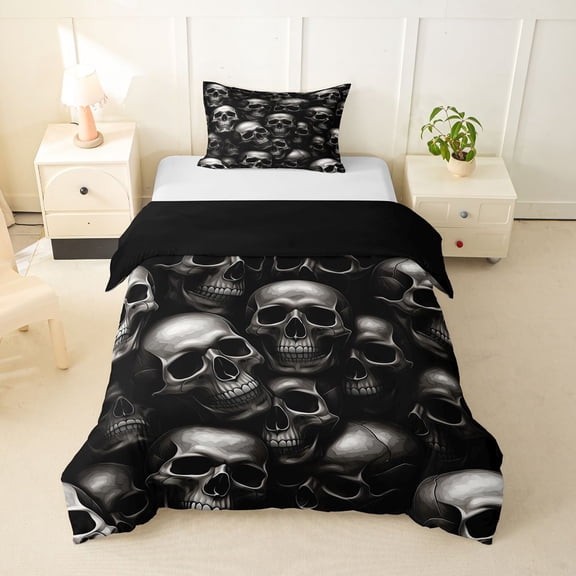 Homewish Horror Gothic Skull Twin Duvet Cover,Halloween Themed Twin Bedding,Gray,Black Reversible,2pcs,1 Duvet Cover and 1 Pillowcase
