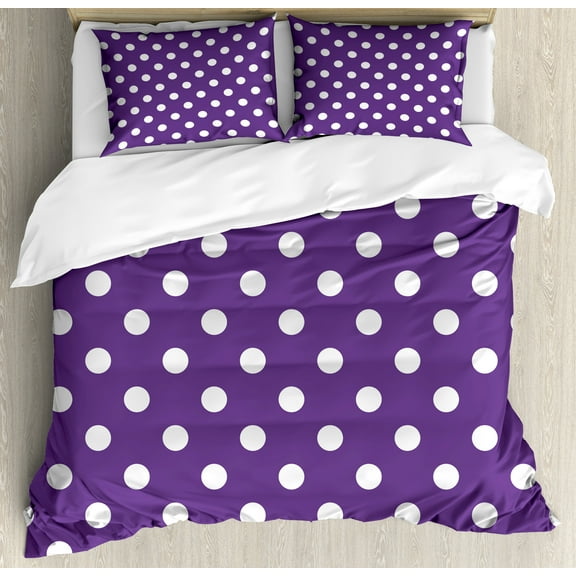 Ambesonne Eggplant Duvet Cover Set, White Polka Dots Retro, Calking, Purple White