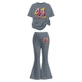 thumbnail image 2 of Ulitacool Summer Clothes For Girls Crew Neck 2Pieces Set Short Sleeve Letter Graphic Tops Flared Pants Basic Outfits 7-8 Years Grey, 2 of 4
