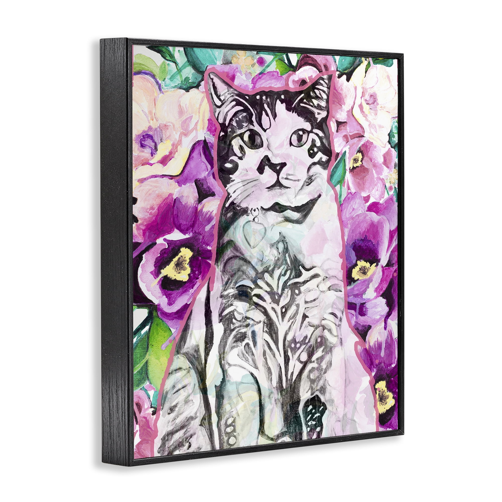 Stupell Industries Kitty Among Flowers Animals & Insects Painting Black Framed Art Print Wall Art, 16 x 20