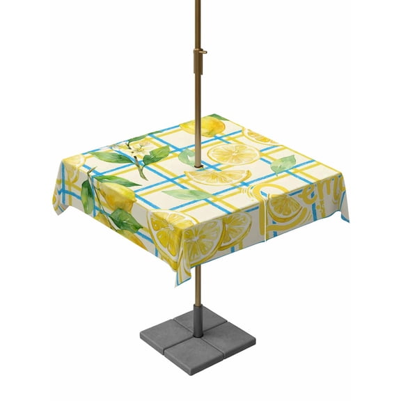 Outdoor Tablecloth with Umbrella Hole for Patio/Picnic/Party/Camping, Watercolor Lemons Waterproof Table Cloth Square Cover Washable, Summer Blue Yellow Checkered Geo (54"x 54")