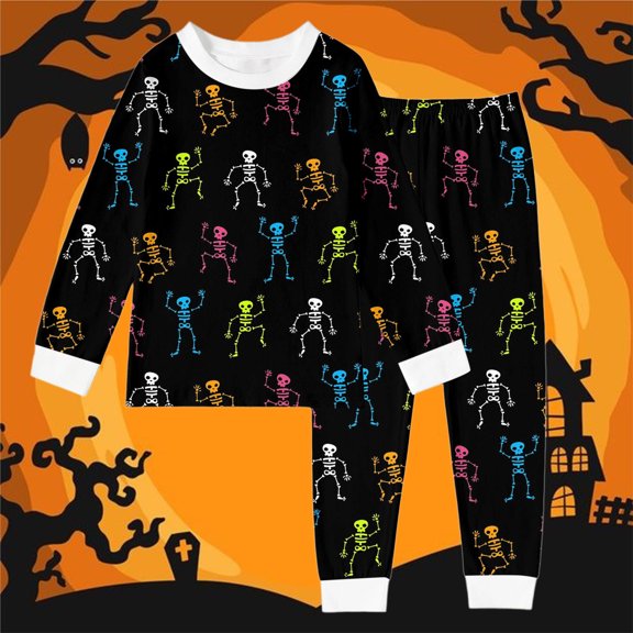 BOOMNY Halloween Girls 2 Peice Pajamas Sets Hallowmas Skeleton Graphic Long Sleeve Sleepwear Tops Pants Pjs Set for Kids Cozy Loungewear Homewear