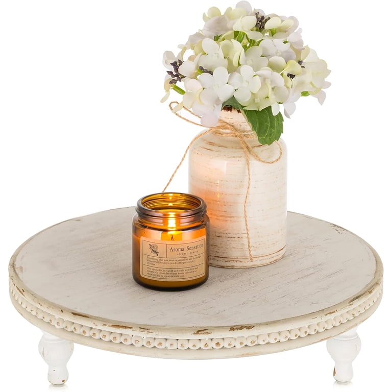 Hanobe Farmhouse Round Pedestal Tray, Whitewashed Wood photo 1