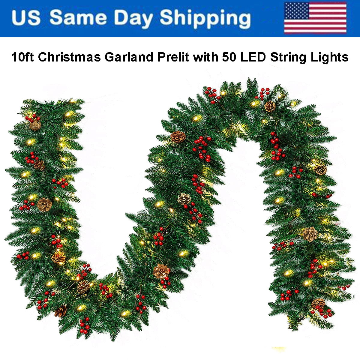 10FT Garland Prelit light Red Berries Snow Pine Cones Christmas Garland ...