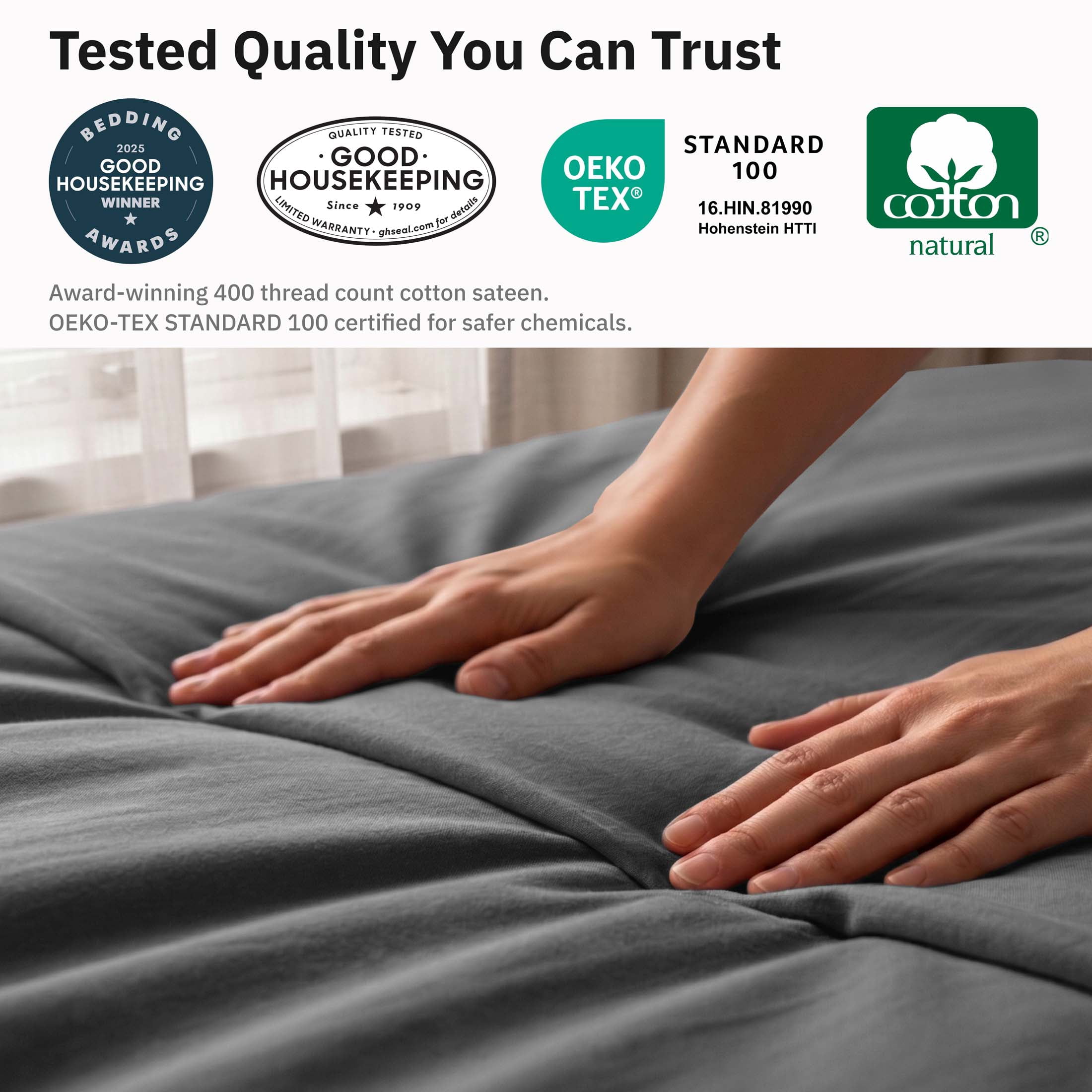 California Design Den 3-Piece Duvet Covers Queen Size Set, 400 Thread Count 100% Cotton Queen Size Set, Soft Sateen, Grey
