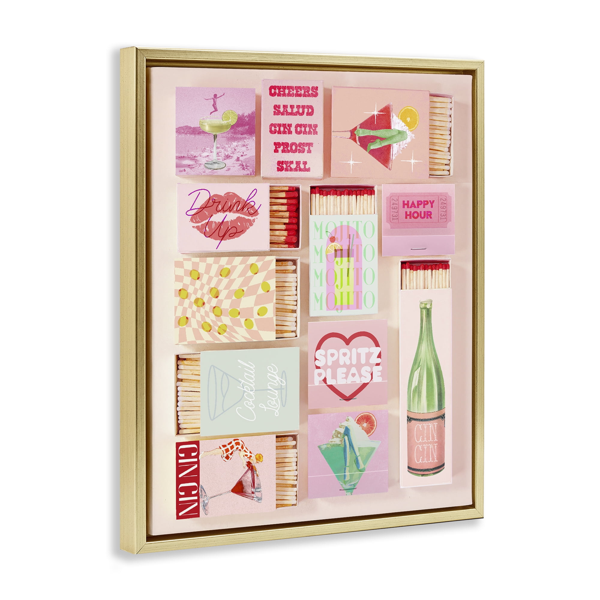 Glam Cocktails Retro Matches Gold Framed Floater Canvas Wall Art, design by Lil' Rue