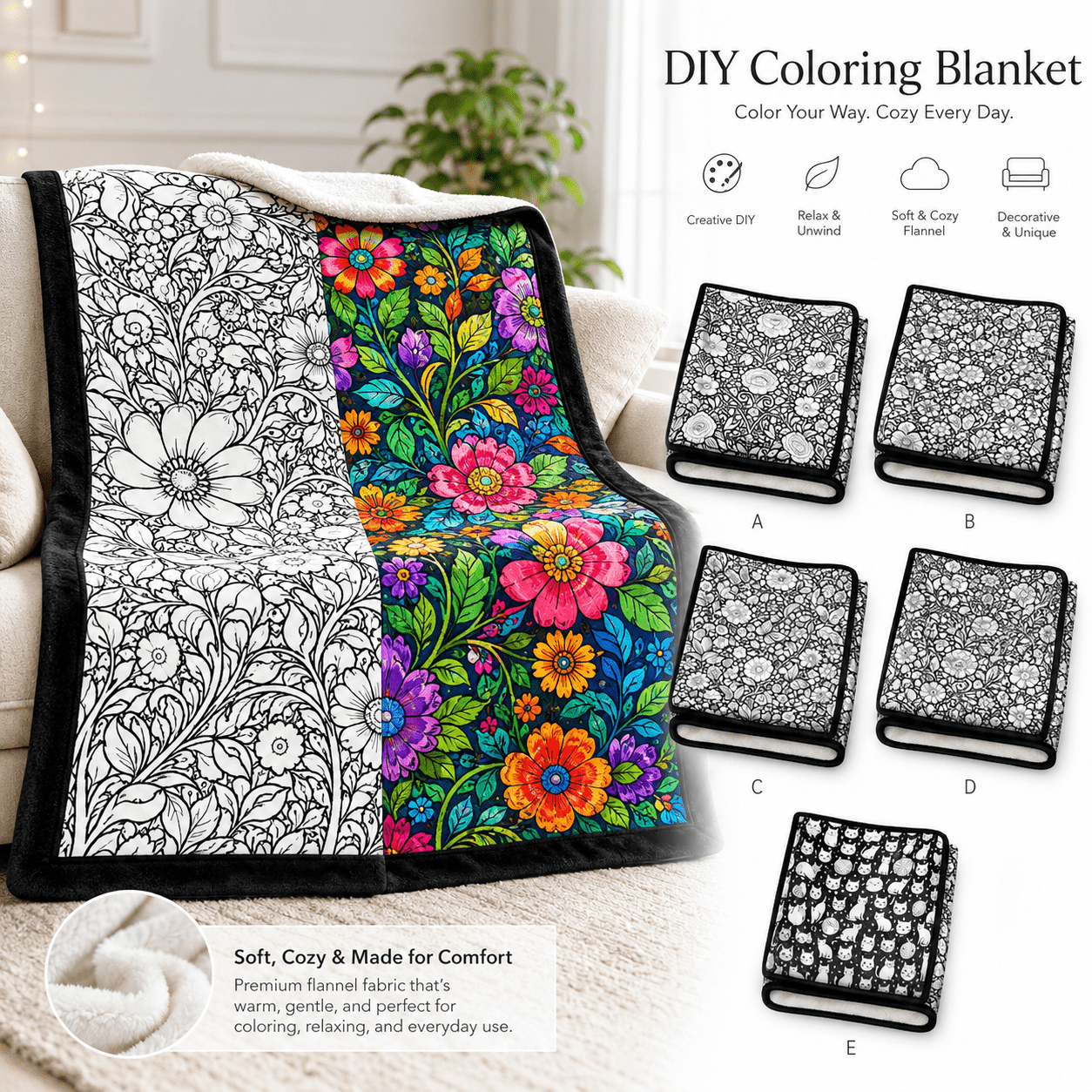 Coloring Blanket for Adults, Washable Color Your Own Blanket, Soft Cozy Flannel Craft Blanket for Kids Adults, 150 x 200 cm, Style A