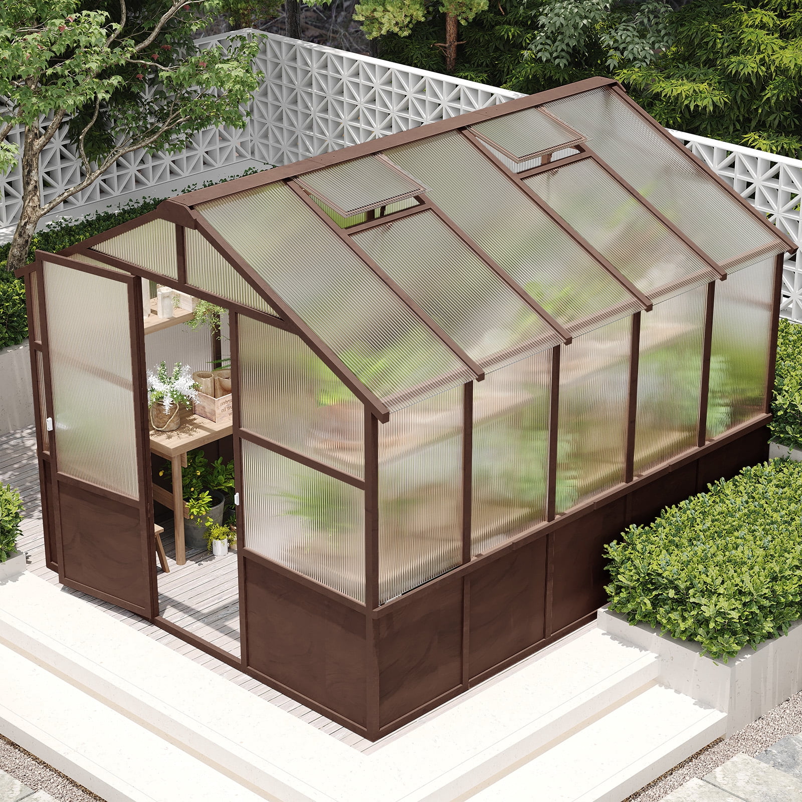 8x10 FT Premium Cedar Wood Greenhouse Kit, 6MM Twin-Wall Polycarbonate Panels, Walk-in Wooden Green House with Adjustable Vent & Lockable Door, Heavy Duty UV-Protected Garden Nursery for Outside