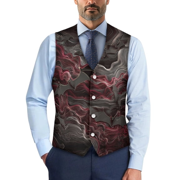 Psesaysky Bat Wavy Pattern Men's Suit Vest for Wedding Business, Button Dress Waistcoat Slim Woven Fabric Casual Waistcoat Vest