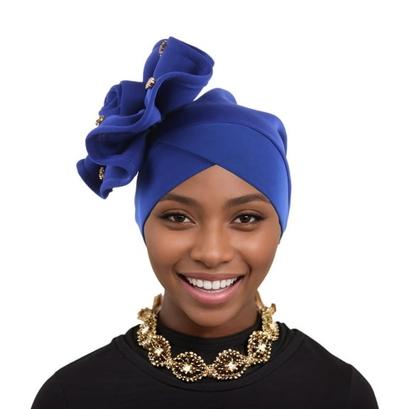 African Turban Cap for Women – Soft Double-Layered Headwraps with Diamond & Flower Pattern, Pre-Tied Ruffles Bonnet for Weddings, Parties & Daily Wear (Autogele Style)