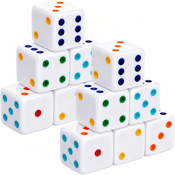 BESTSKY 12 Pcs 25Mm Large Opaque Jumbo Dice White D6 Dice with Multicolor Pips for Casino, Craps, Table Games and Board Games Large Dice