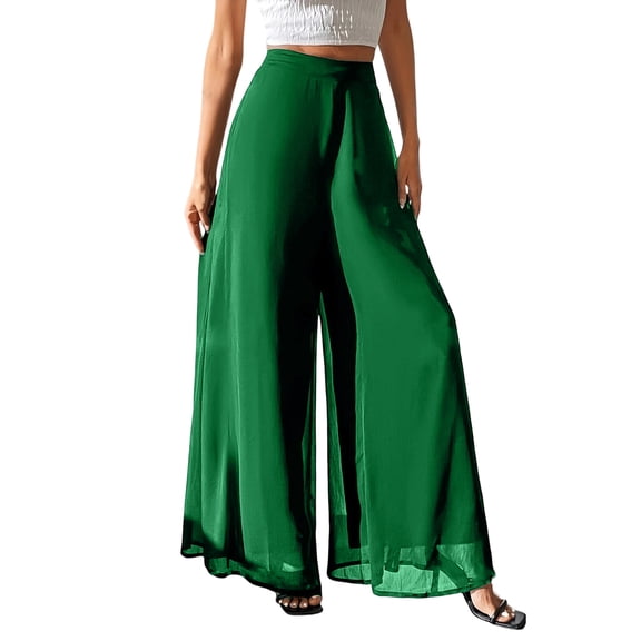 Lumtrix Women's Chiffon Pleated Wide Leg Pants Baggy Culotte Dressy Casual Palazzo Pants Flowy Loose Beach Trousers Hight Waist Pants Green M