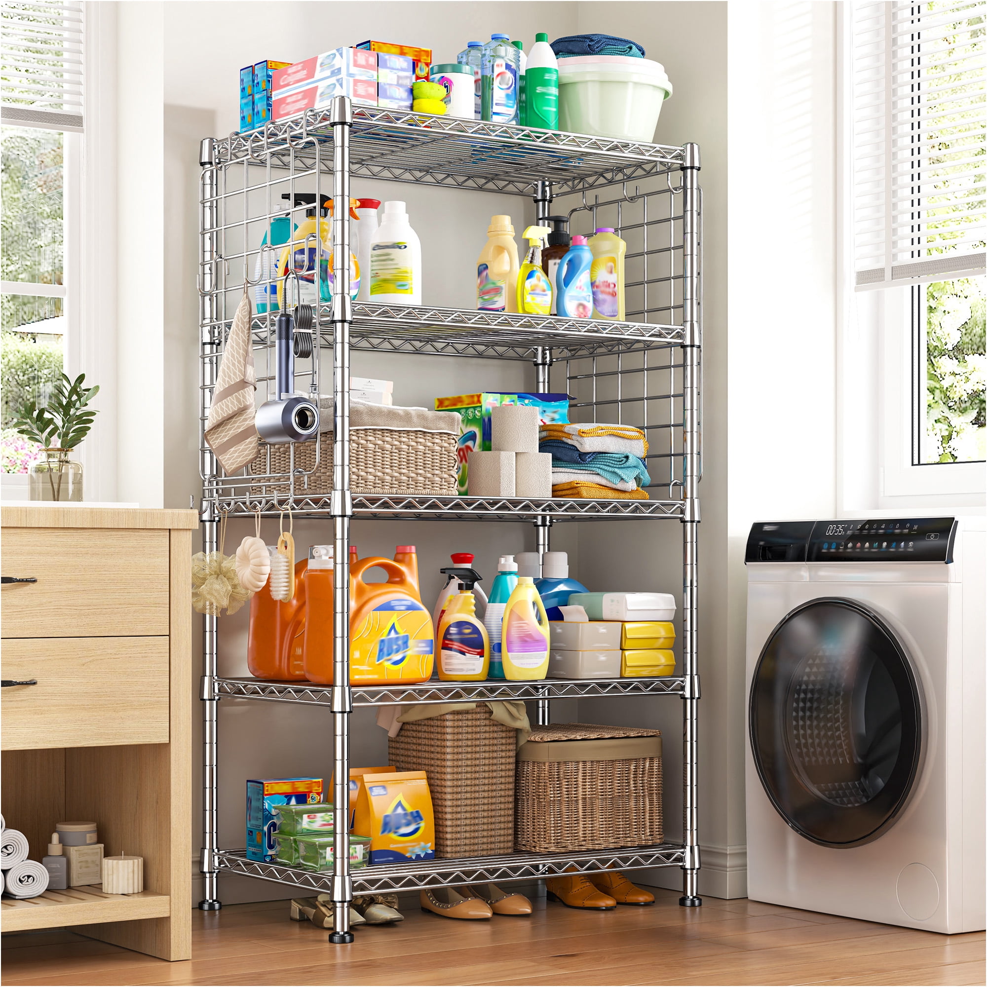 REIBII 5-Tier Adjustable Wire Shelving with Side Hanging Mesh & 12 Hooks,Space Saving Storage Rack for Kitchen Pantry,Office,Garage & Bathroom,Chrome