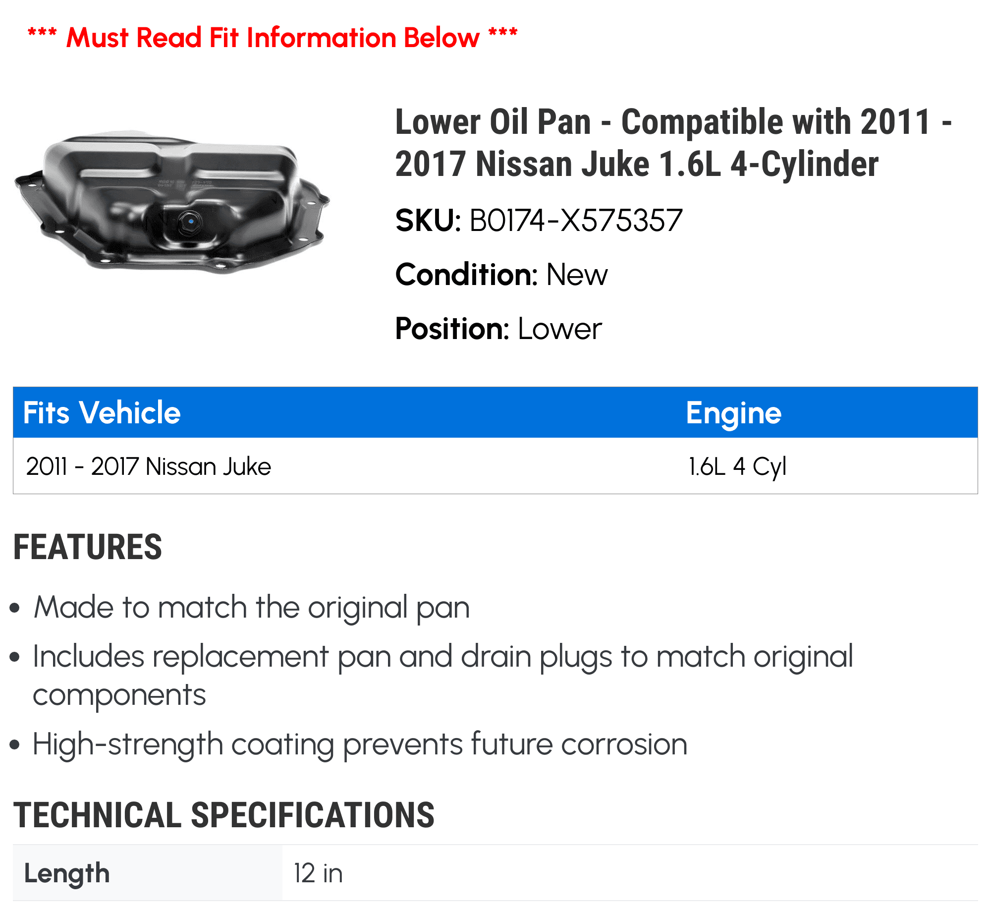 Lower Oil Pan - Compatible with 2011 - 2017 Nissan Juke 1.6L 4-Cylinder - Dorman