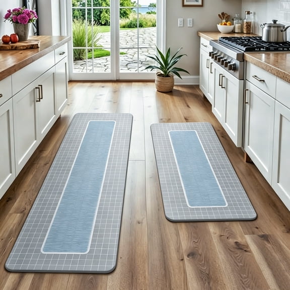 UNIWELL 2-Pack Boho Kitchen Rug Set, Non-Slip Machine Washable Vintage Floor Mats 17"x30" 17"x47" Grey