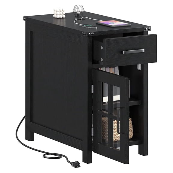 Farmhouse End Table with Charging Station and 1 Storage Cabinet, 1 Drawer, Black Wood Nightstand Narrow, Skinny Side Table, Slim Bedside Table, Small Nightstand for Bedroom, Living Room, Sofa