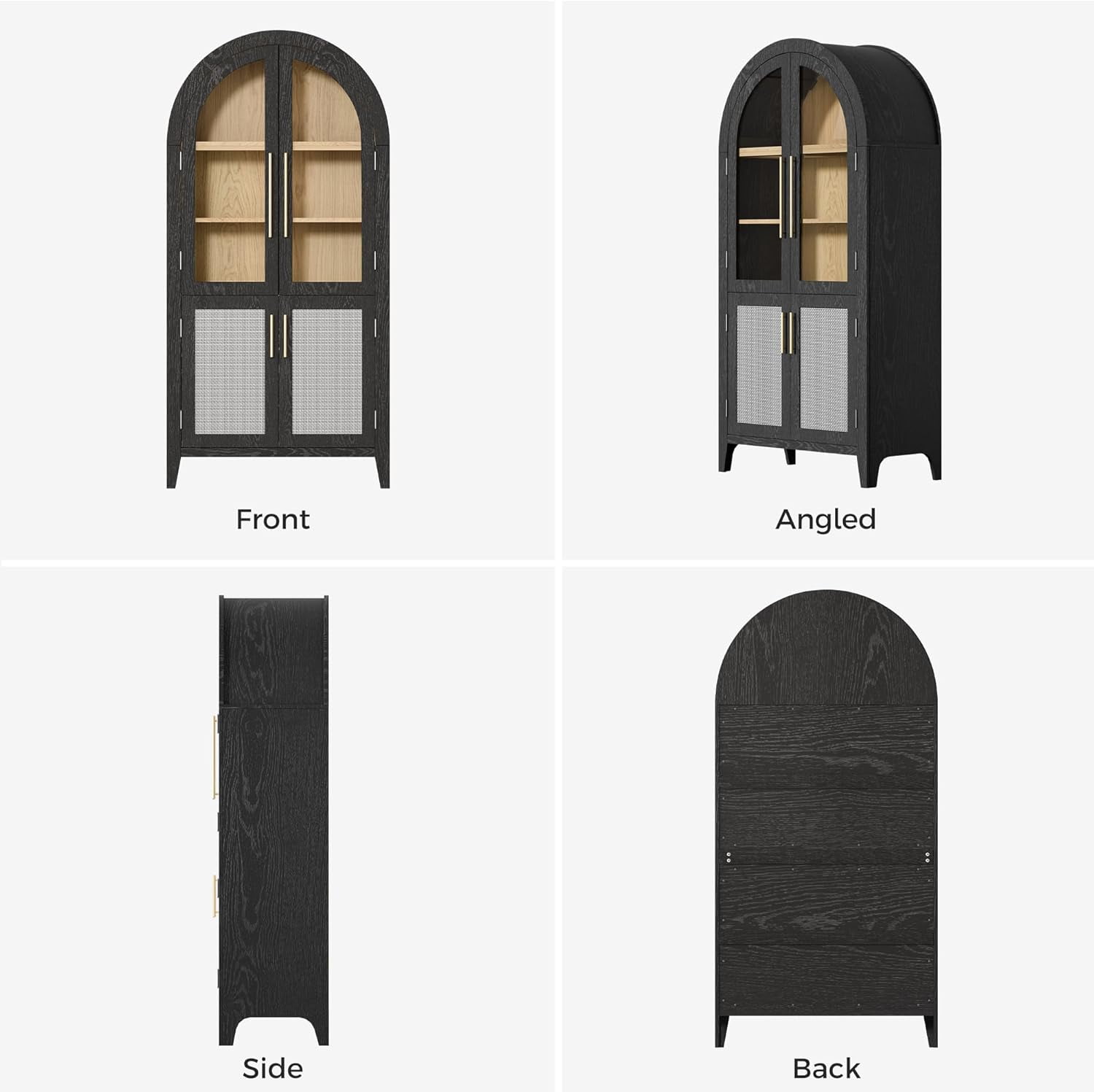 MAYEERTY 63"H Arched Accent Cabinet, Wood Kitchen Storage Cabinets with Glass Rattan Door and Adjustable Shelf for Living Room, Dining Room, Black