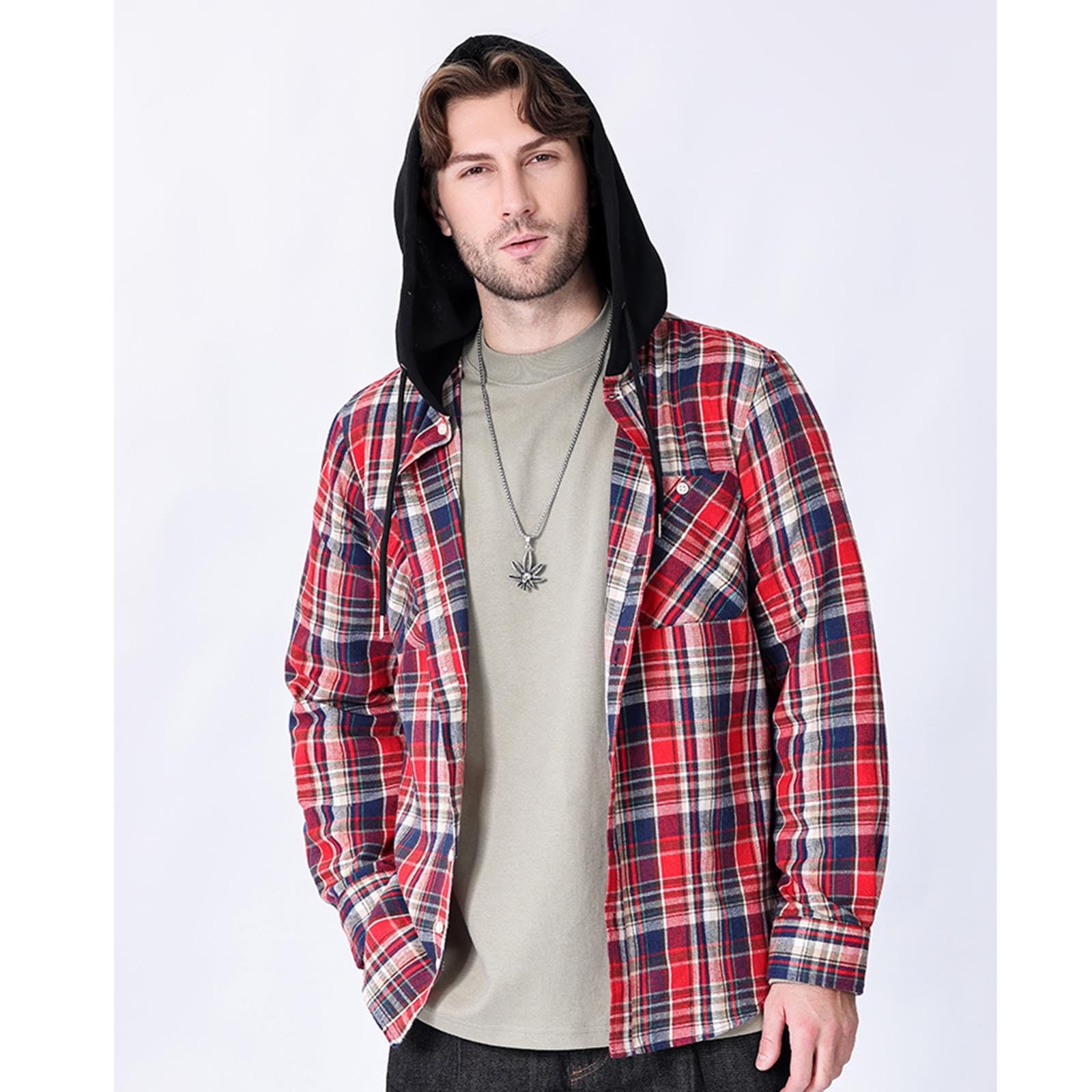Lcziwo Hooded Plaid Jacket Men Casual Fashion Fall 2025 Shirts