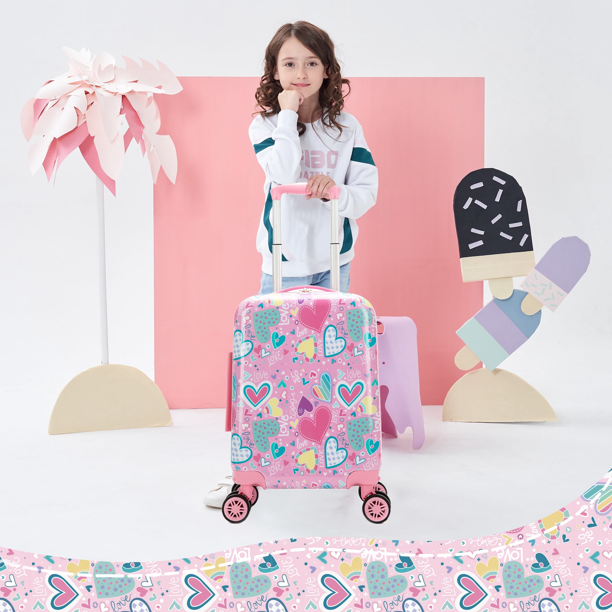 Kids Carry on Luggage Sets for Girls with Travel Pillow, Rolling Pink Suitcase with Wheels for Kids Travel Essentials Airline Approved 16 Inch